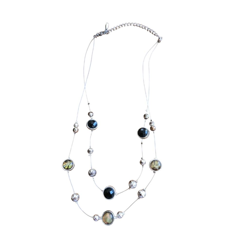Silver Tone Layered Necklace Black Clear Acrylic Beads Minimalist Double Strand